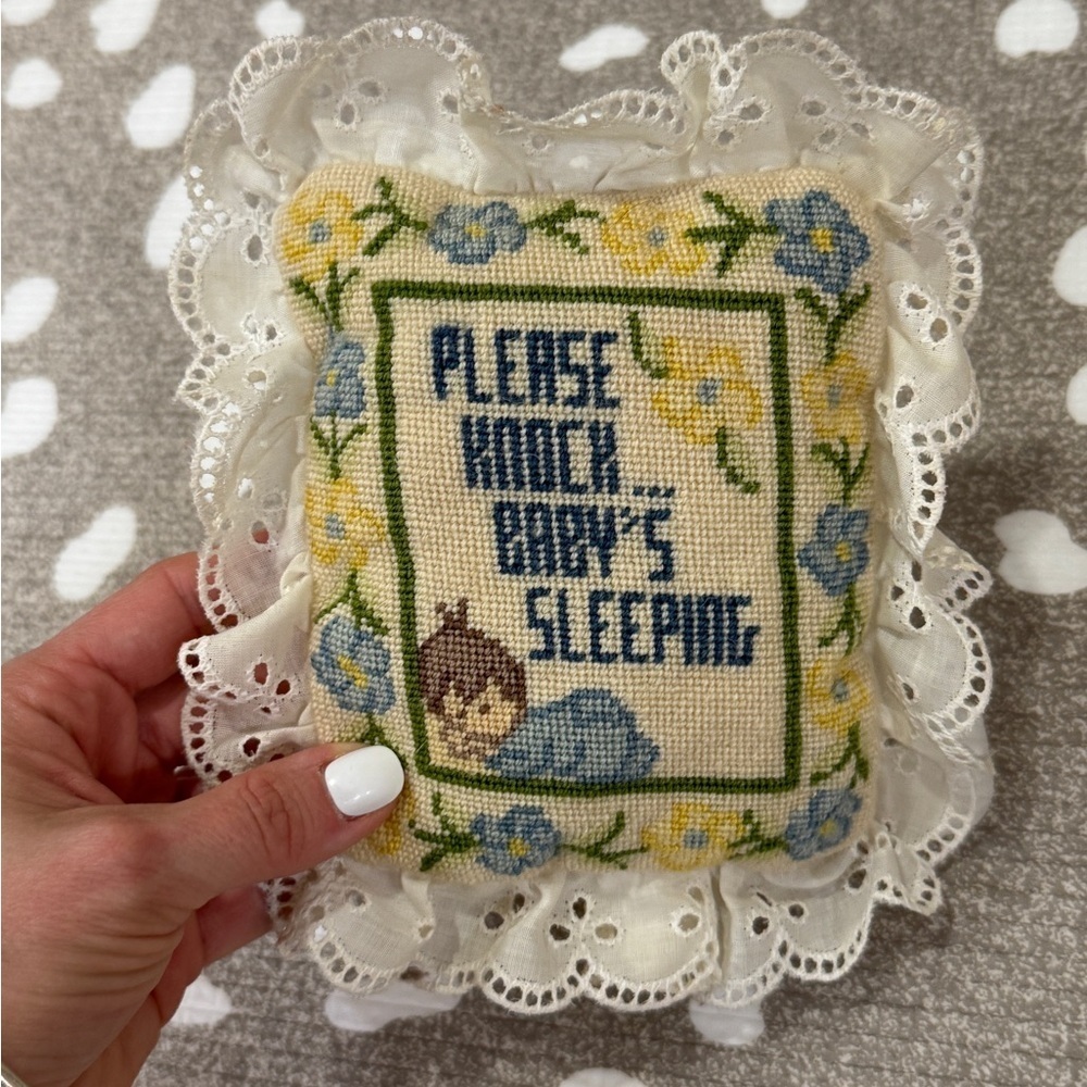 Vintage handmade needlepoint pillow door hanger sign baby sleeping eyelet floral